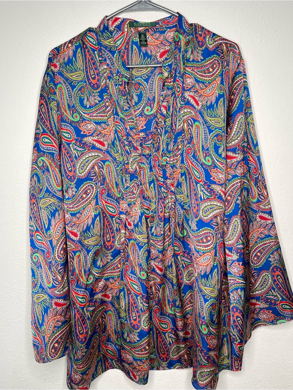 LAUREN RALPH LAUREN Women's 2X Paisley Pleated V Neck Long‎ Sleeve Tunic Blouse